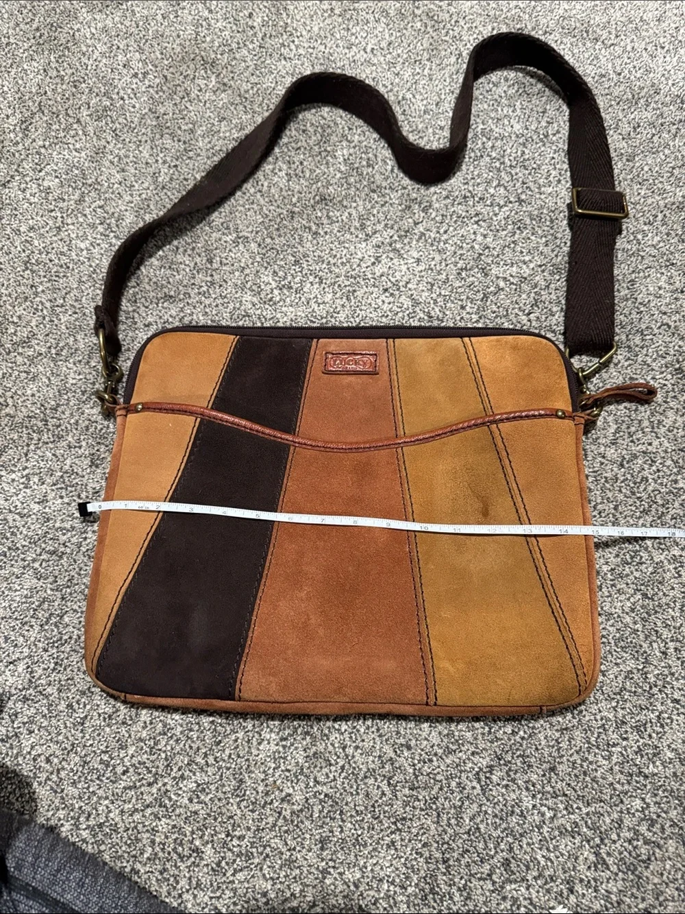 Suede Patchwork Messenger or Lap top Bag in Brown/Tan